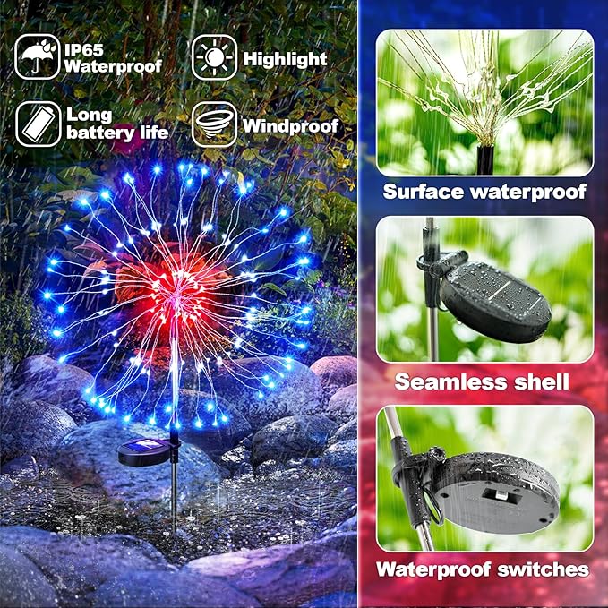 Anordsem Solar Garden Lights Outdoor: Bendable Copper Wire with 120 LED Firework Beads - Red Waterproof DIY Fairy Decorations for Yard Patio Path - Gifts for Women Mom Homeowners