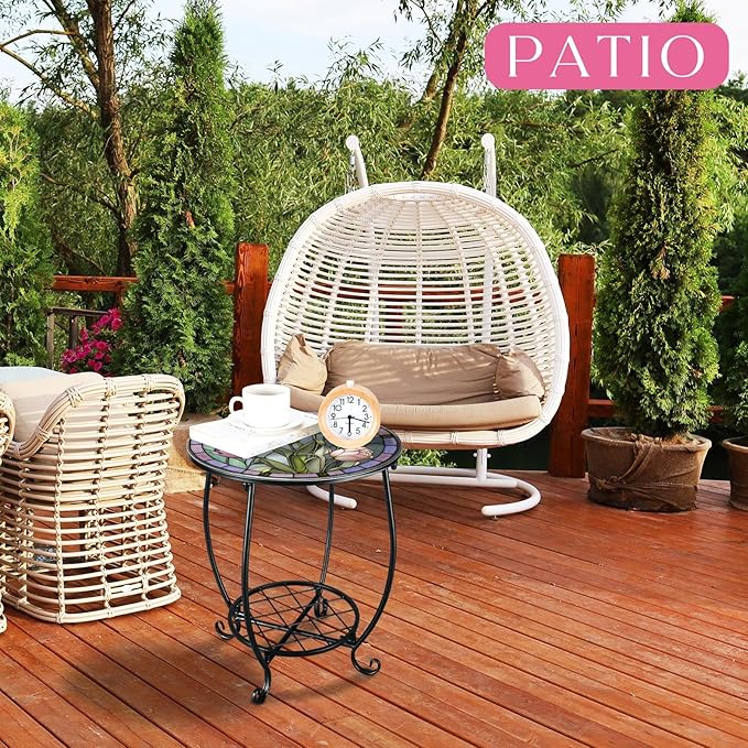 Outdoor Side Table Round Small Mosaic Patio Accent Indoor End Plant Coffee Tea Table for Yard Patio Porch Garden Living Room, Bedroom(Tulip Style,14 Inch)