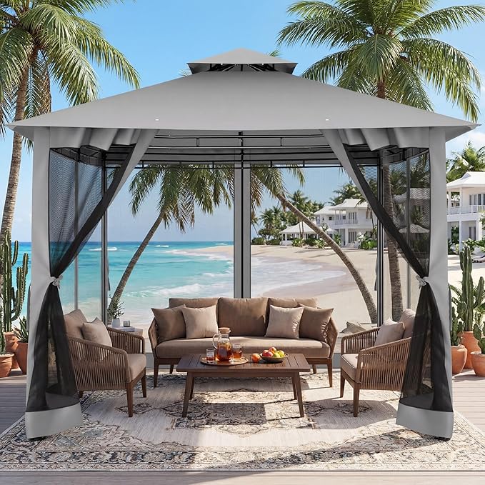 COBIZI Gazebo 10x10 Heavy Duty Gazebos with Improved Nettings Outdoor Gazebo Double Roof Patio Gazebos with Metal Steel Frame Outdoor Canopy for Patio, Deck, Backyard (Gray)