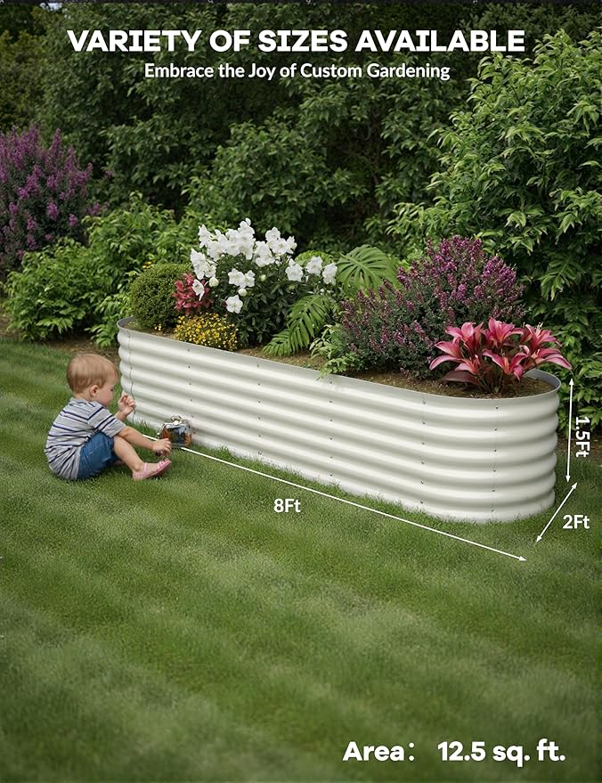 GarveeLife 8x2x1.5 ft Galvanized Raised Garden Bed - 18“ Tall Metal Planter Box for Vegetables, Flowers, Herbs, Rust-Resistant Outdoor Garden Box, Easy Assembly Raised Beds for Gardening, Beige