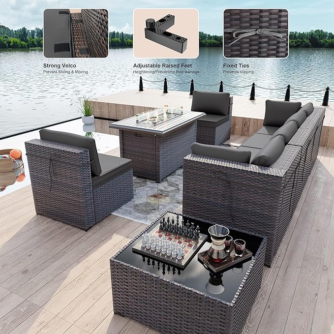 Kullavik 8 Pieces Outdoor Patio Furniture Set with 43" 55000BTU Gas Propane Fire Pit Table PE Wicker Rattan Sectional Sofa Patio Conversation Sets,Grey