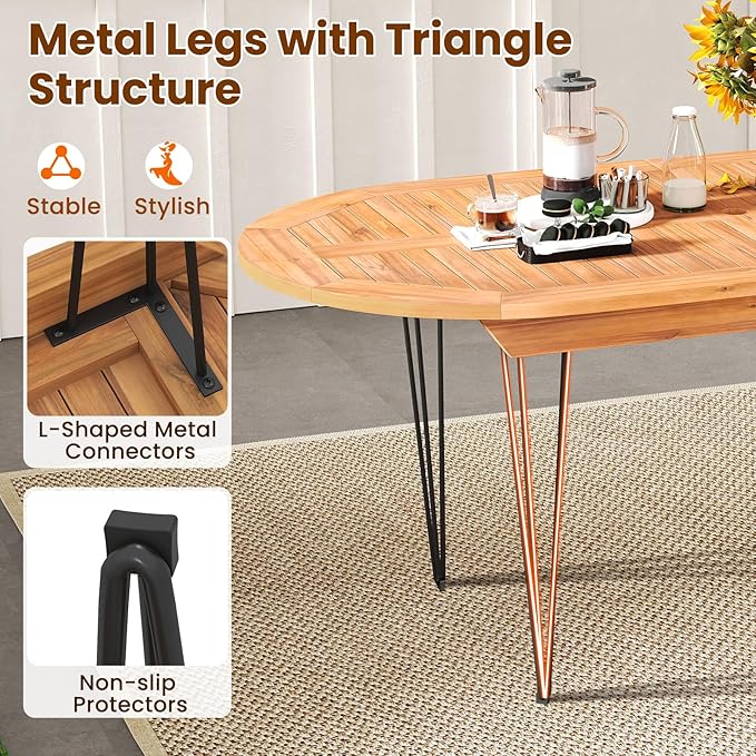 Tangkula 71" Outdoor Dining Table for 6, Oval Teak Wood 6 Person Patio Table with 2" Umbrella Hole, Metal Legs, Safety Locks and Wood Tabletop, Outside Table for Garden, Poolside & Backyard