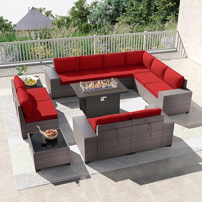 Kullavik 13PCS Outdoor Patio Furniture Set with 43" 55000BTU Gas Propane Fire Pit Table PE Wicker Rattan Sectional Sofa Patio Conversation Sets,Red