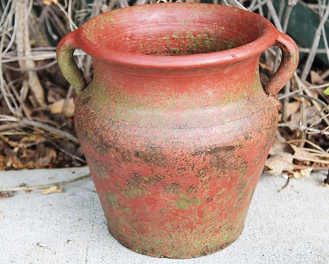 Egyptian Era Designed Earthen Ware Terra-Cotta Vessel/Planter with Looped Handles (Flared Lip Distressed Red Earth)