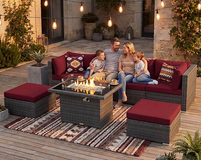 NICESOUL 7 Piece Oversized Patio Furniture Sofa Set with Fire Pit Table Propane Natural Gas Convertible, 29.3'' High Back Sturdy Outdoor Conversation for Heavy People, 2 Color Cushion Wine & Gray