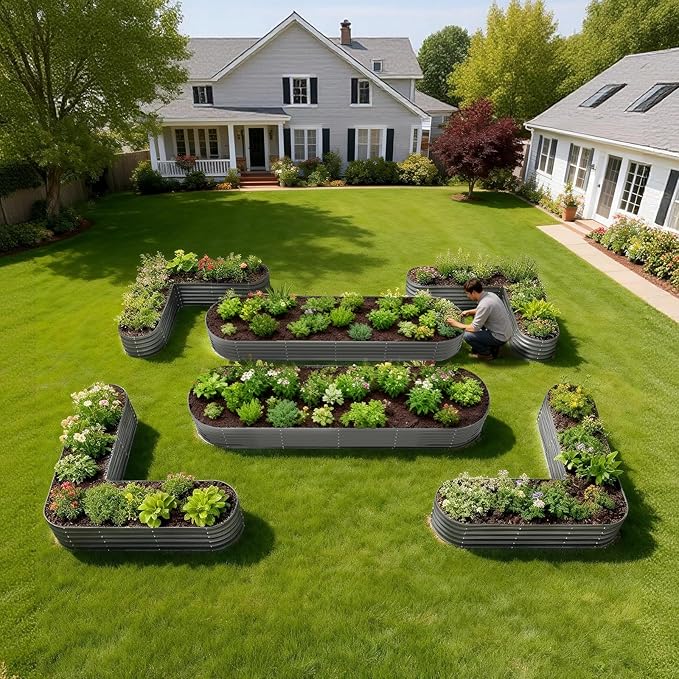 A ANLEOLIFE Set of 6, 18 Inch Tall Quartz Grey Raised Garden Beds Kit, Heart-Shaped & Long Oval Planters for Creative Garden Layouts.
