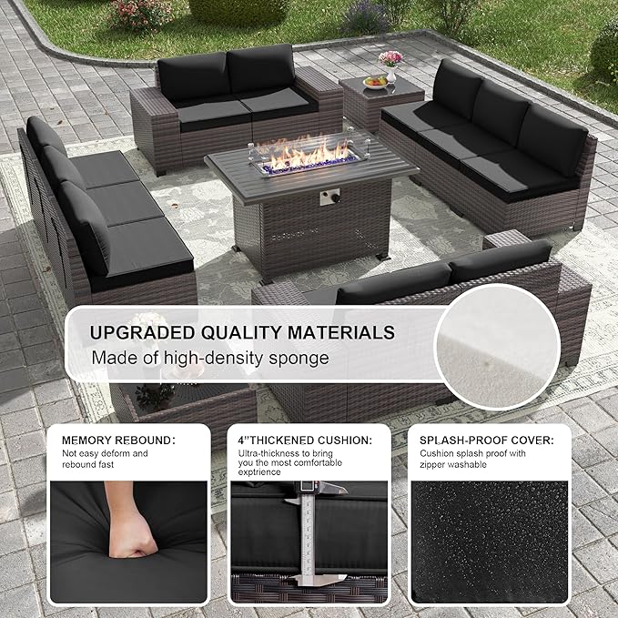 Kullavik 13 Pieces Outdoor Patio Furniture Set with 43" 55000BTU Gas Propane Fire Pit Table PE Wicker Rattan Sectional Sofa Patio Conversation Sets,Black