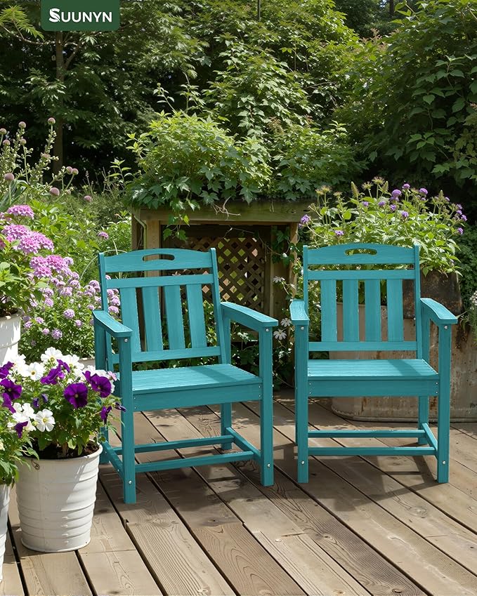 Set of 2 Weatherproof Patio Chairs - HDPE Outdoor Dining Chairs with Wide Seat, Ergonomic Design - for Garden, Backyard, Deck - Lake Blue