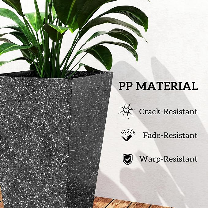 Outsunny 28 Inch Tall Planters for Outdoor Plants, Set of 3 Plastic Flower Pots with Marble Finish and Drainage Holes, Stackable Tapered Large Planters for Indoor Plants, Front Porch Decor, Black