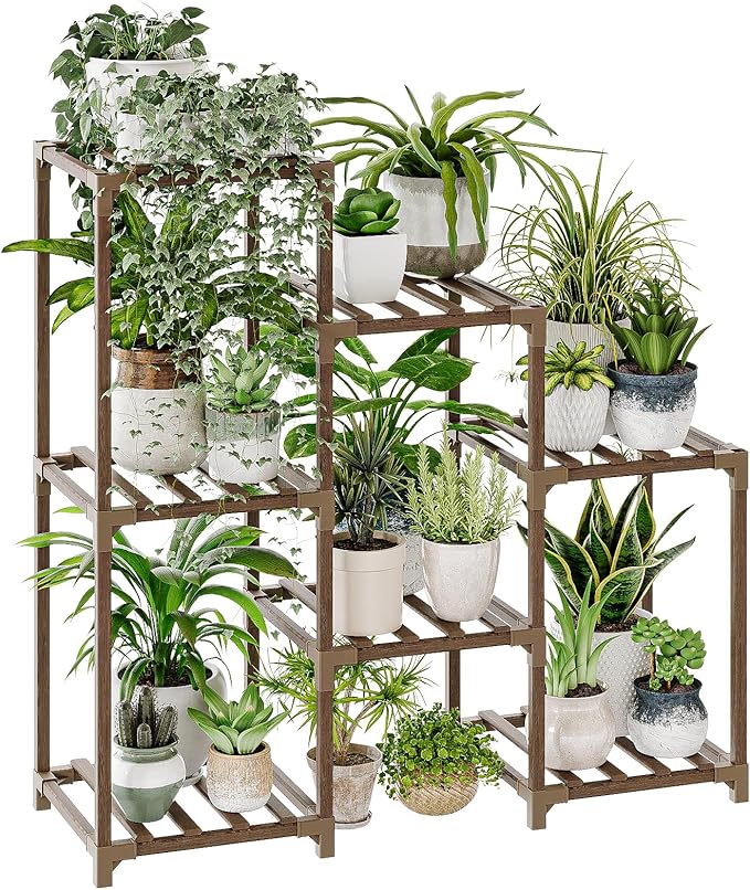 Bamworld Plant Stand Indoor Plant Shelf Outdoor Wood Plant Rack for Multiple Plants 3 Tiers Ladder Plant Holder for Living Room Patio Boho Home Decor for Gardening