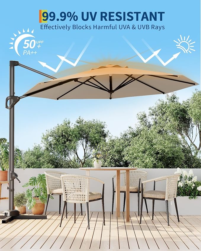 GarveeLife 10FT Patio Umbrella Outdoor Large Cantilever Umbrella Market Sun Shade Windproof Offset Umbrella with 360-Degree Rotation for Garden Deck Pool Patio, Tan