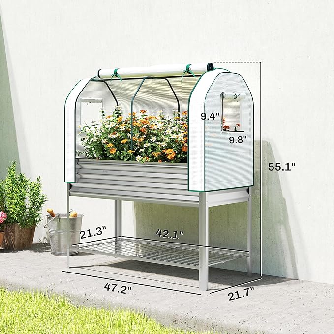Outsunny Galvanised Raised Garden Bed with Greenhouse Cover, Metal Elevated Garden Bed with Legs, Bed Liner and Bottom Shelf, Outdoor Raised Planter Box for Vegetables, Herbs, Flowers, Silver