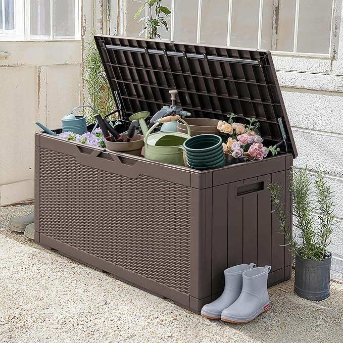 Greesum 100 Gallon Resin Patio Storage Box for Garden Tools, Outdoor Furniture Cushions, Pool Supplies, Dark Brown