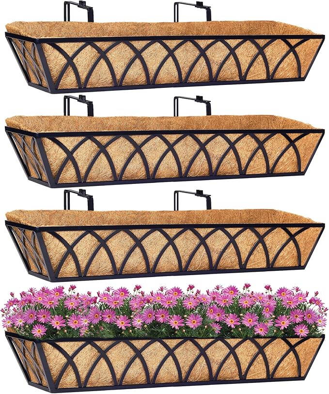 30 Inch Window Deck with Coco Liner Set of 4, 30" Window Boxes Horse Trough with Coconut Coir Liner, Metal Hanging Flower Planter Basket Deck Railing Planter Boxes for Outdoor Indoor Lawn