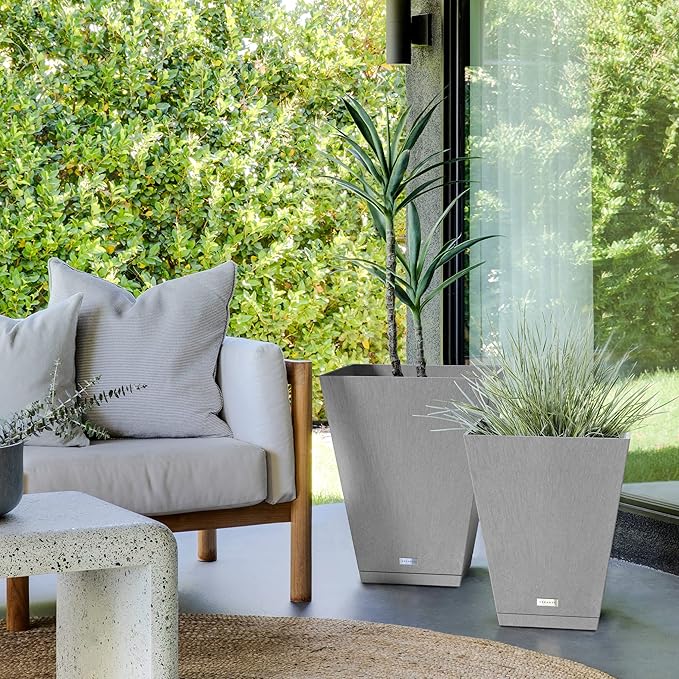Veradek Nobleton Indoor/Outdoor Wide Square Planter (Light Grey, 22 inch - 2 Pack with 2 Saucer Trays)
