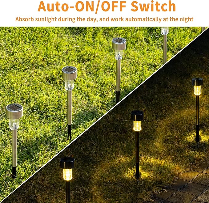 GIGALUMI Solar Pathway Lights, Stainless Steel IP44 Waterproof Auto On/Off Outdoor LED Solar Landscape Lights for Garden, Yard, Patio, Path and Walkway(12 Pack, Warm White)