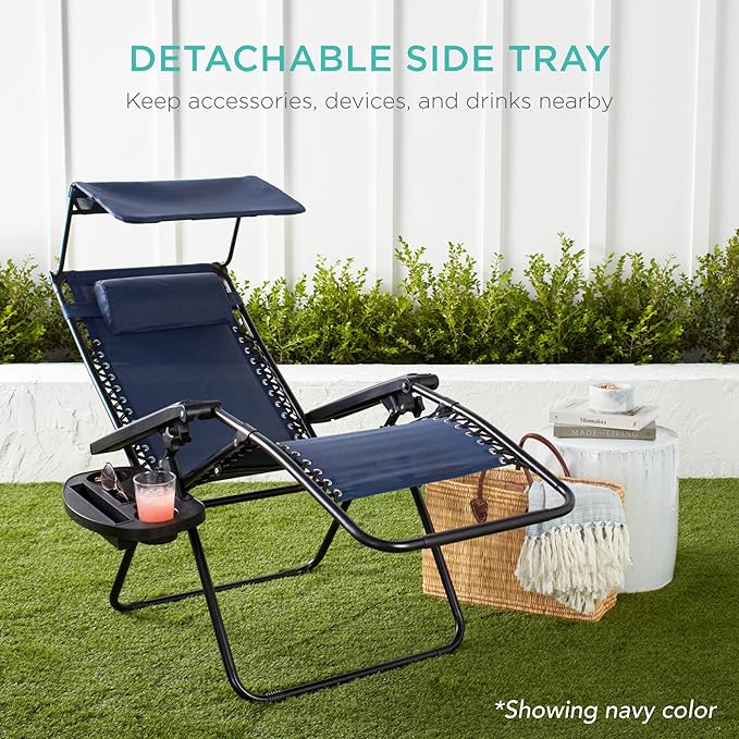 Best Choice Products Folding Zero Gravity Outdoor Recliner Patio Lounge Chair w/Adjustable Canopy Shade, Headrest, Side Accessory Tray, Textilene Mesh - Lime Green