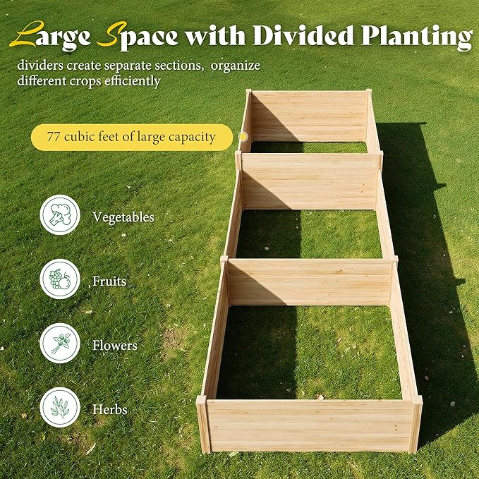 AMERLIFE 2 Tier Raised Garden Bed, Mortise & Tenon Structure 23 Inch Depth Fir Wood Planter Box, 3-Section with Open Base, Ideal for Vegetables, Flowers, Herbs in Backyard/Garden/Patio, 142x49x24 in