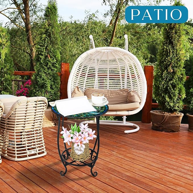 Outdoor Side Table Round Small Mosaic Patio Accent Indoor End Plant Coffee Tea Table for Yard Patio Porch Garden Living Room, Bedroom(Peacock Style,14 Inch)