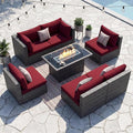 NICESOUL 7 Piece Outdoor Patio Furniture with Firepit Table Natural Gas & Propane Convertible, 29.3'' High Back L Shaped Couch Sectional, Extra Large Rattan Patio Modular Set for Backyard, Burgundy