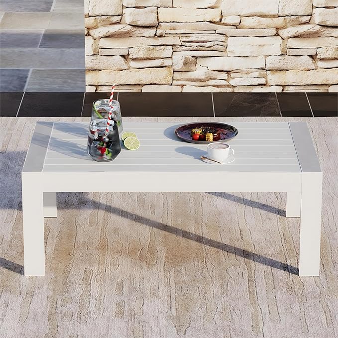 Solaste Aluminum Outdoor Coffee Table, All-Weather Rectangle Metal Patio Coffee Table Furniture for Balcony, Garden, Indoor or Outdoor Use, White