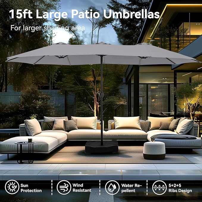 PHI VILLA 15ft Large Patio Umbrellas with Base, Outdoor Double-Sided Rectangle Market Umbrella for Pool Lawn Garden, Light Gray