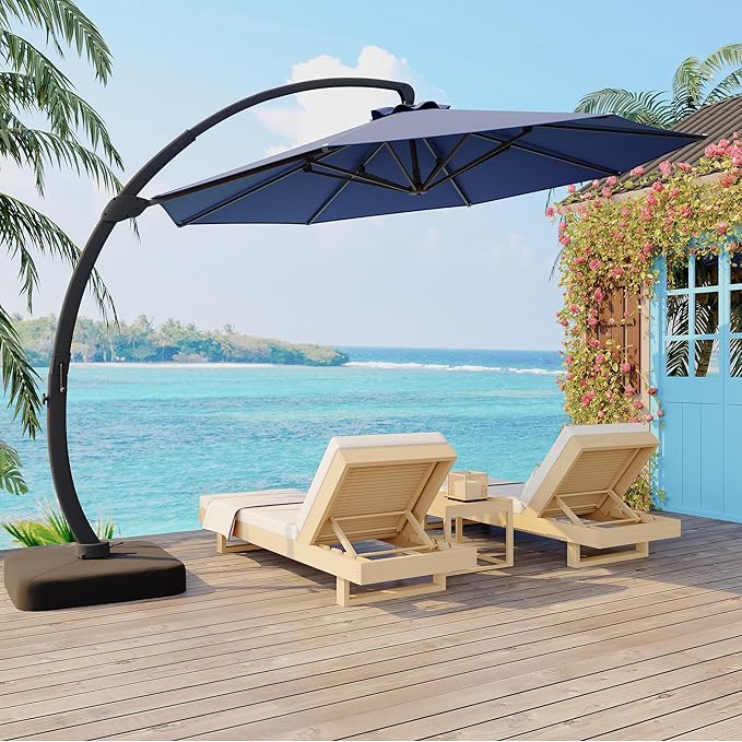 GarveeLife 11FT Cantilever Patio Umbrella With Base Included, Cantilevers Outdoor Umbrella Heavy Duty Offset, Aluminium Curved Cantilever Umbrella