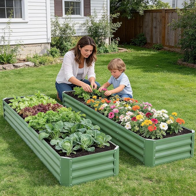 INNO STAGE 8×2×1ft Galvanized Raised Garden Bed Kit, Galvanized Planter Raised Garden Boxes Outdoor, Large Metal Raised Garden Beds for Vegetables, Flowers, Herbs, and Succulents, OliverGreen