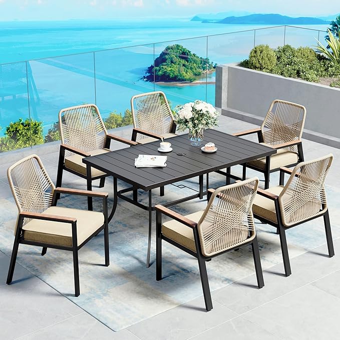 7 Pieces Patio Dining Set, 6 x Woven Rattan Chairs with Waterproof Cushion, 59" Rectangular Metal Dining Table with Umbrella Hole, Outdoor Table and Chairs Set for Backyard Lawn and Deck, Beige