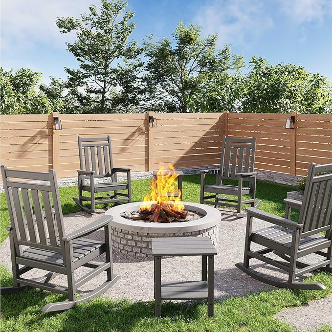 HDPE Rocking Chair Outdoor Set of 2 with Side Table - Poly High Back Porch Rocker Chairs for Adults - All Weather Resistant Furniture for Patio Front Porch - Gray