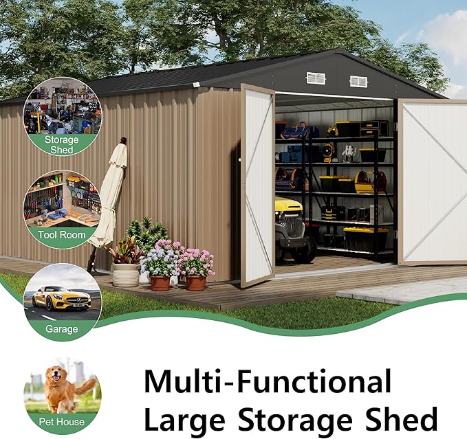 Devoko 10x12 FT Outdoor Storage Shed, Large Metal Storage Sheds with Lockable Door, Utility Garden Tool Shed with Sloping Roof, Outside Steel Storage Sheds for Patio Lawn Backyard, Brown