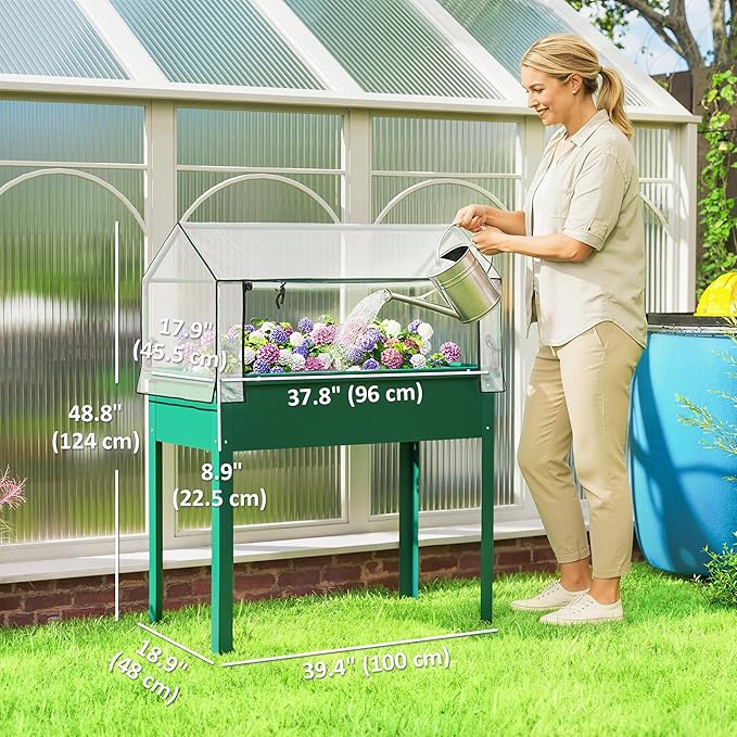 Outsunny Raised Garden Bed with Greenhouse Cover, Elevated Planter Box with Legs and Drainage Hole for Vegetables Flowers Herbs, 39.4" x 18.9" x 48.8", Green
