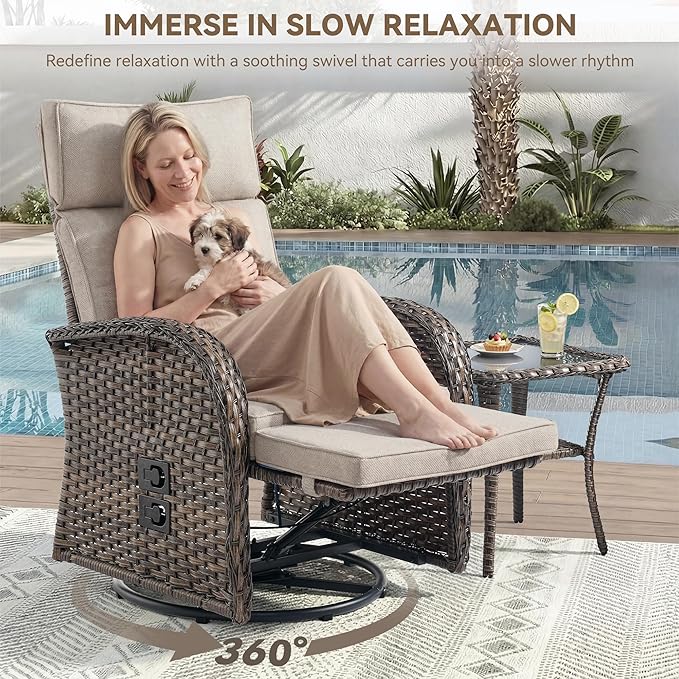 3 Pieces Zero Gravity Patio Swivel Rocking Recliner Chairs Set of 2 - Wicker Outdoor Lounge Chair with Side Table, Adjustable Backrest & Footrest, High Back Outdoor Recliner Chair for Pool Deck Beige