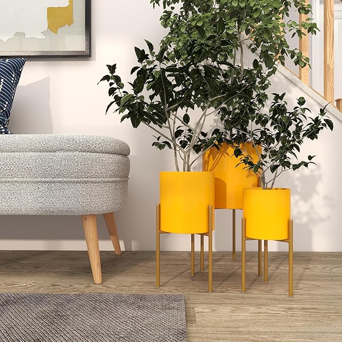 Deco 79 Metal Indoor Outdoor Planter Large Planter Pot with Removable Stand, Set of 3 Planters 12", 14", 18"H, Yellow