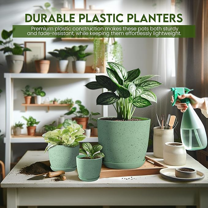 Utopia Home - Spotty Plant Pots Indoor with Drainage - 7/6.6/6/5.3/4.8 Inches Flower Pots - 10 Pack Plastic Planters - Ideal for Stocking Stuffers - (Speckled Mint, Pack of 10)