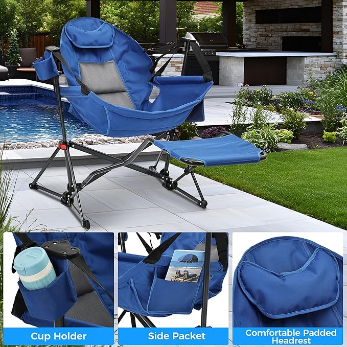 Ainfox Hammock Camping Chair with Footrest, Foldable Portable Rocking Chairs for Adults Outside Swinging Camp with Cup Holder Pillow for Outdoor Patio Poolside (Blue)