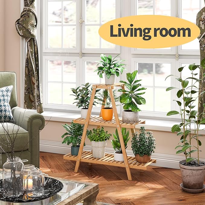 Bamboo Plant Stand - Indoor/Outdoor 3 Tier Plant Ladder, 8 Potted Flower Holder, Natural