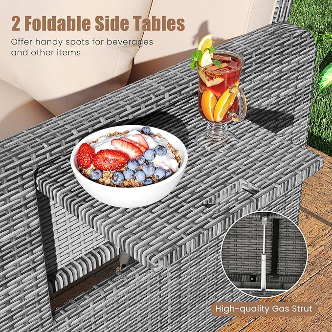 Tangkula Patio Rattan Daybed with 4-Level Adjustable Backrest, Outdoor PE Wicker Loveseat with Storage Ottoman & Folding Side Table, Double Sunbed for Balcony, Backyard & Poolside, Beige & Grey