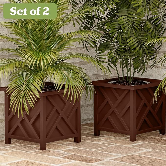 Lattice Design Outdoor Planter Box 2-Pack - 14.75” Square 13” Tall Brown Decorative Plant Pots for Front Porch Decor - Flower Pots Outdoor Planters for Porch Patio or Garden Decor by Pure Garden