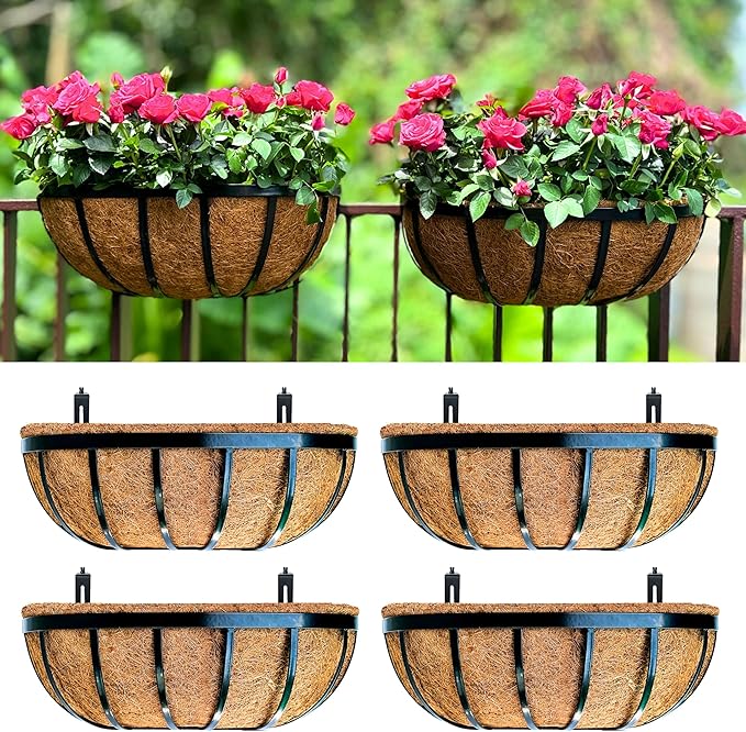 LaLaGreen Deck Railing Planter Boxes (16 Inch, 4 Pack) Black Metal Rectangular Hanging Planters with Coco Liner, Adjustable Flower Planter Box Brackets for Plants Fence Balcony Patio Porch Over Rail