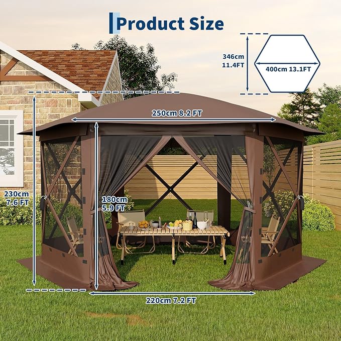 13x13FT 6-Sided Pop Up Gazebo Tent，One-Push Setup Canopy Tent with Removable Canopy Top & Wind Cloths, Outdoor shelter for Camping, Backyard Parties, Outdoor Events - Beige & Khaki