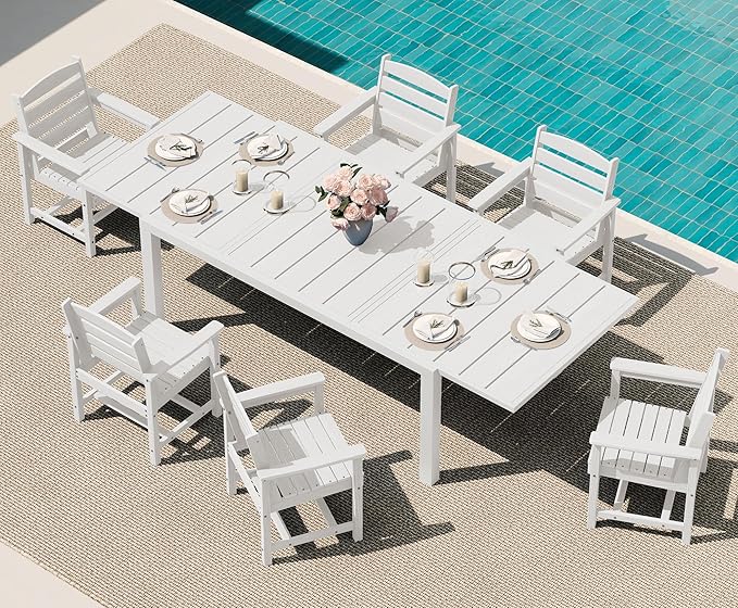 SERWALL 7-Piece Patio Dining Sets, 60" - 83" Expandable Outdoor Dining Table and 6 HDPE Chairs, All Weather HDPE Outdoor Furniture Set for Backyard, Garden, White