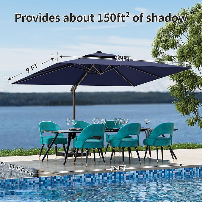 9x12FT Navy Blue Cantilever Outdoor Patio Umbrella with Base, Large Rectangular Offset Design, Double Top Heavy Duty Aluminum Frame & 360° Rotation for Pool Garden Deck Backyard