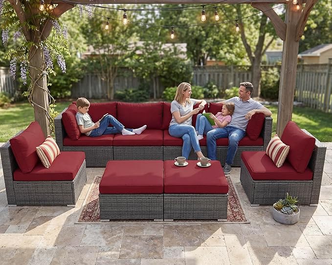 NICESOUL 8 Piece Modern Patio Couch Set, 29.3'' High Back Oversized Wicker Outdoor Sectional Furniture with Ottoman, Wide Seating Comfy Conversations for Backyard Deck, 2 Color Cushion Wine & Gray
