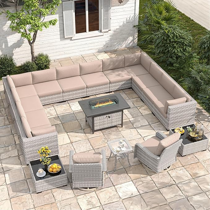 14-Seat Outdoor Wicker Patio Furniture Set with Fire Pit Table, Modular Rattan Sectional Sofa & 2 Swivel Rocking Chairs, 4" Thick Cushions, Rust-Resistant Frame,Beige