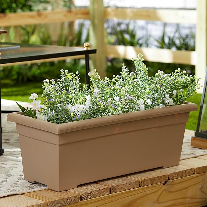 The HC Companies 28 Inch Romana Planter Box with Drainage Plug, Lightweight UV-Resistant Plastic Outdoor Planters, 1-Pack Flower Box for Garden, Patio, Balcony, and Fence, Sandstone