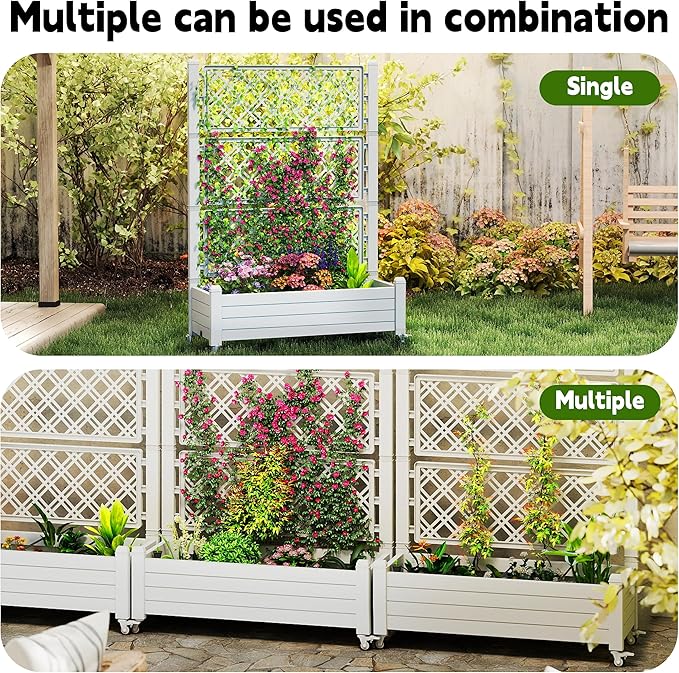 EasyUp Raised Garden Bed with Trellis for Climbing Plants,Outdoor Herb Garden Planter with Drainage Plug and Gauge,Durable Dust-Proof Resin for Garden, Patio, Balcony, and Backyard