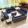 Kullavik 15 Pieces Outdoor Patio Furniture Set with 43" 55000BTU Gas Propane Fire Pit Table PE Wicker Rattan Sectional Sofa Patio Conversation Sets,Navy Blue