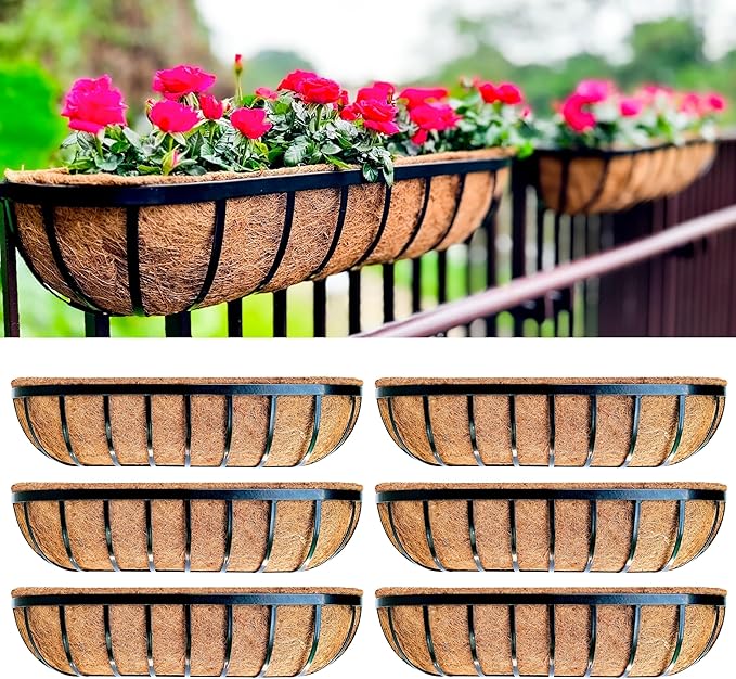 LaLaGreen Outdoor Wall Planter - 6 Pack, 30 Inch Large Metal Basket with Coco Liner, Long Window Flower Box Deck Railings Hanging Horse Trough Balcony Plant Pot Garden Fence Balcony Patio Rail