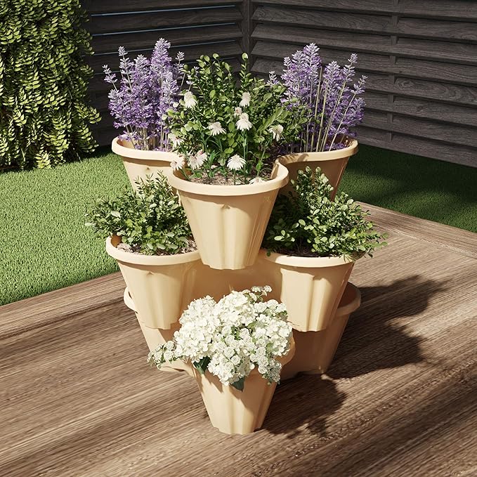 Set of 3 Stacking Planter Tower - 3-Tier Space Saving Flower Pots - Indoor/Outdoor Vertical Herb and Vegetable Planter by Pure Garden (Sand Stone)